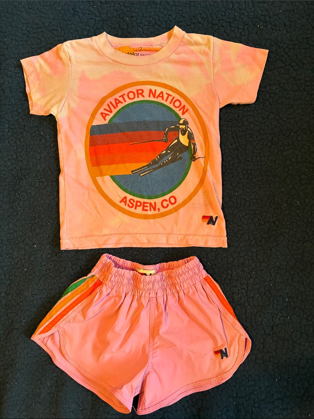 Aviator Nation Pink Tie-Dye Tee & Shorts Set with Rainbow Skier Graphic